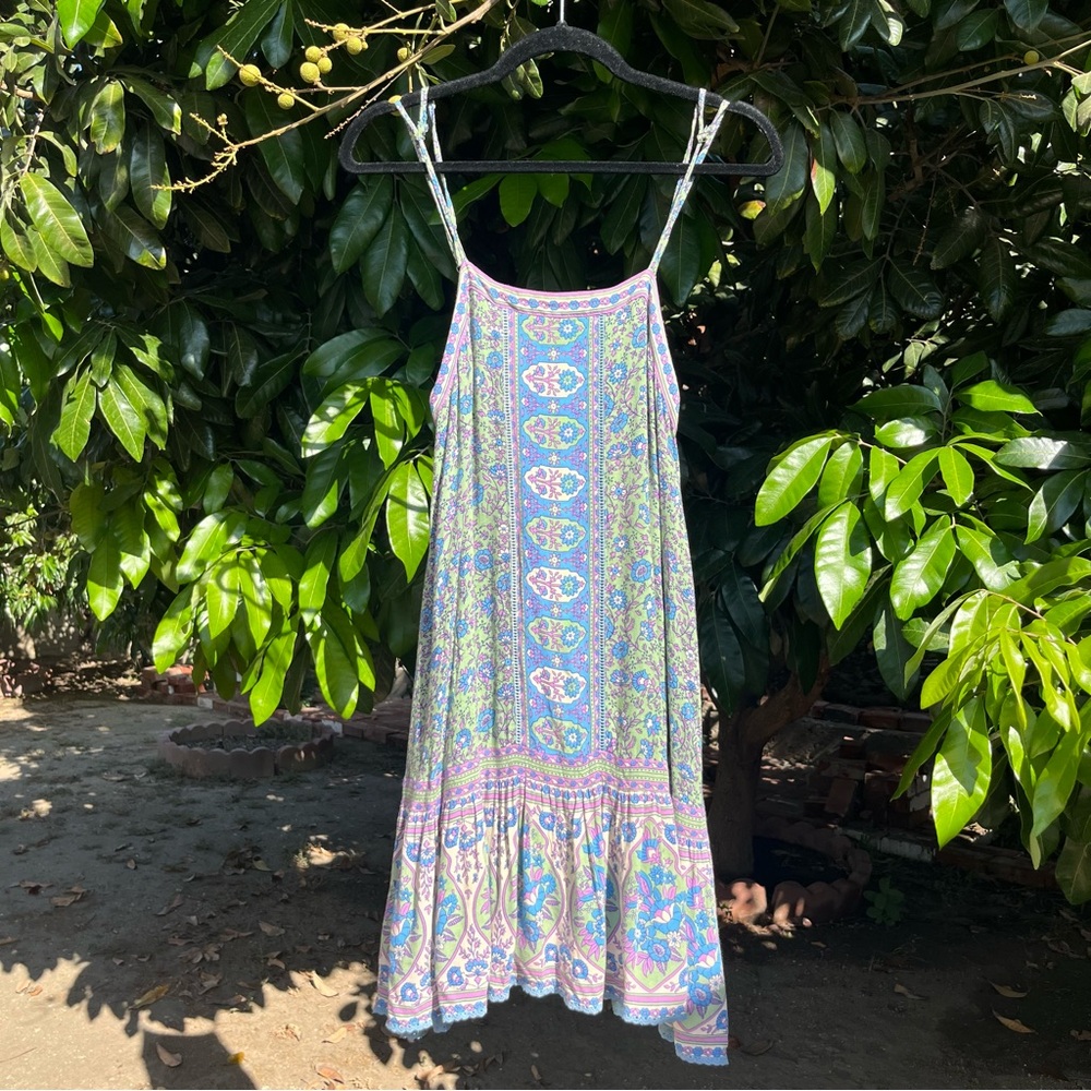 SPELL AND THE GYPSY COLLECTIVE blue green floral rayon sleeveless mini dress